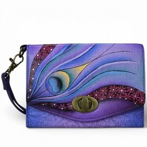 Anna By Anuschka Hand Painted Dreamy Peacock Dewberry Wristlet-Clutch Purple NWT